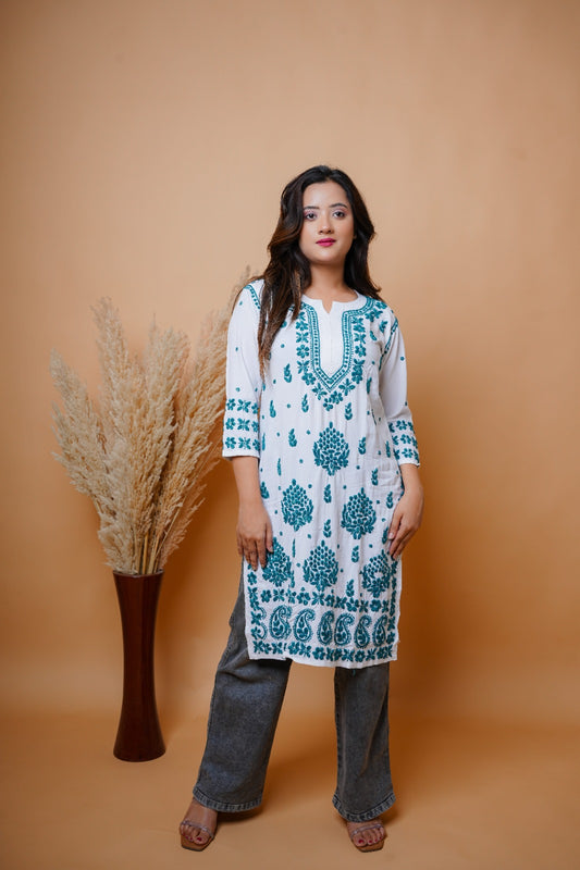 Chikankari hand embroidered | Long Kurta | Rayon | White & Green