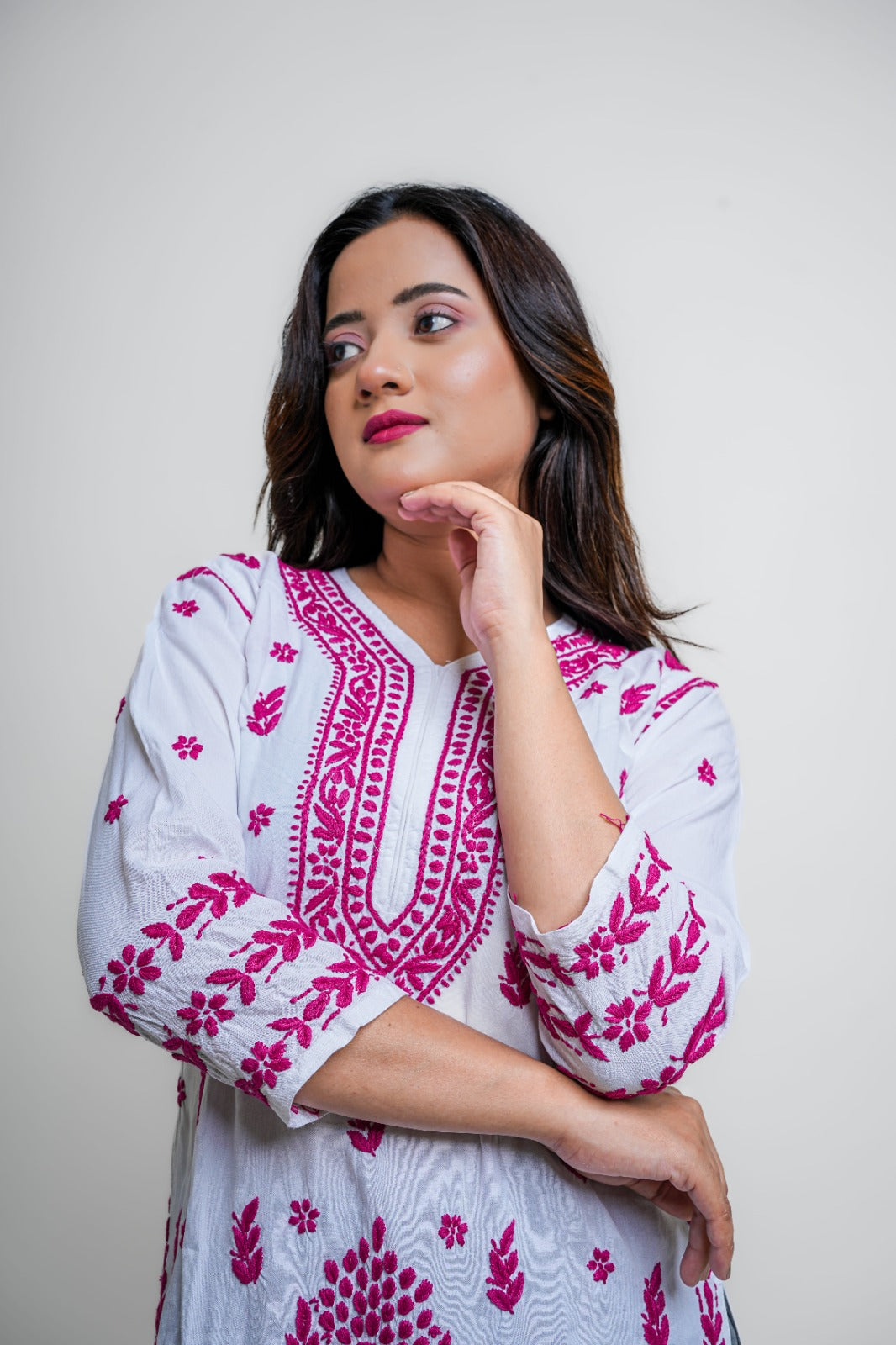 Chikankari hand embroidered | Long Kurta | Rayon | White & Pink