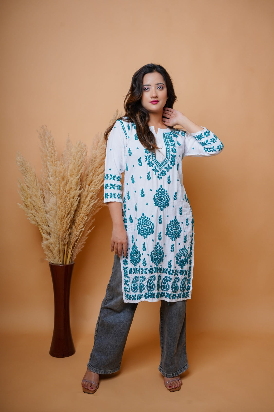 Chikankari hand embroidered | Long Kurta | Rayon | White & Green