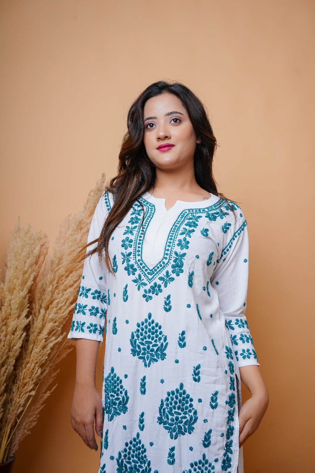 Chikankari hand embroidered | Long Kurta | Rayon | White & Green