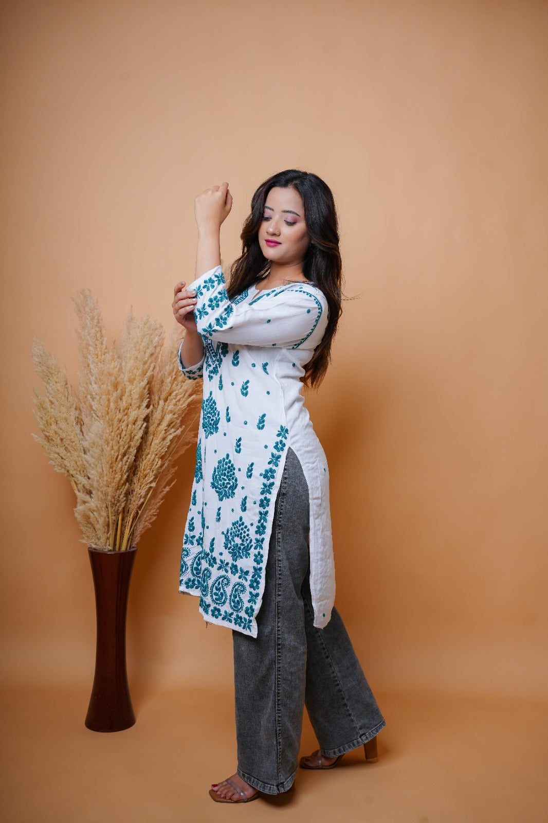 Chikankari hand embroidered | Long Kurta | Rayon | White & Green