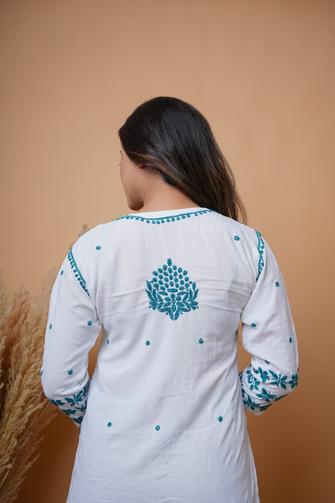 Chikankari hand embroidered | Long Kurta | Rayon | White & Green