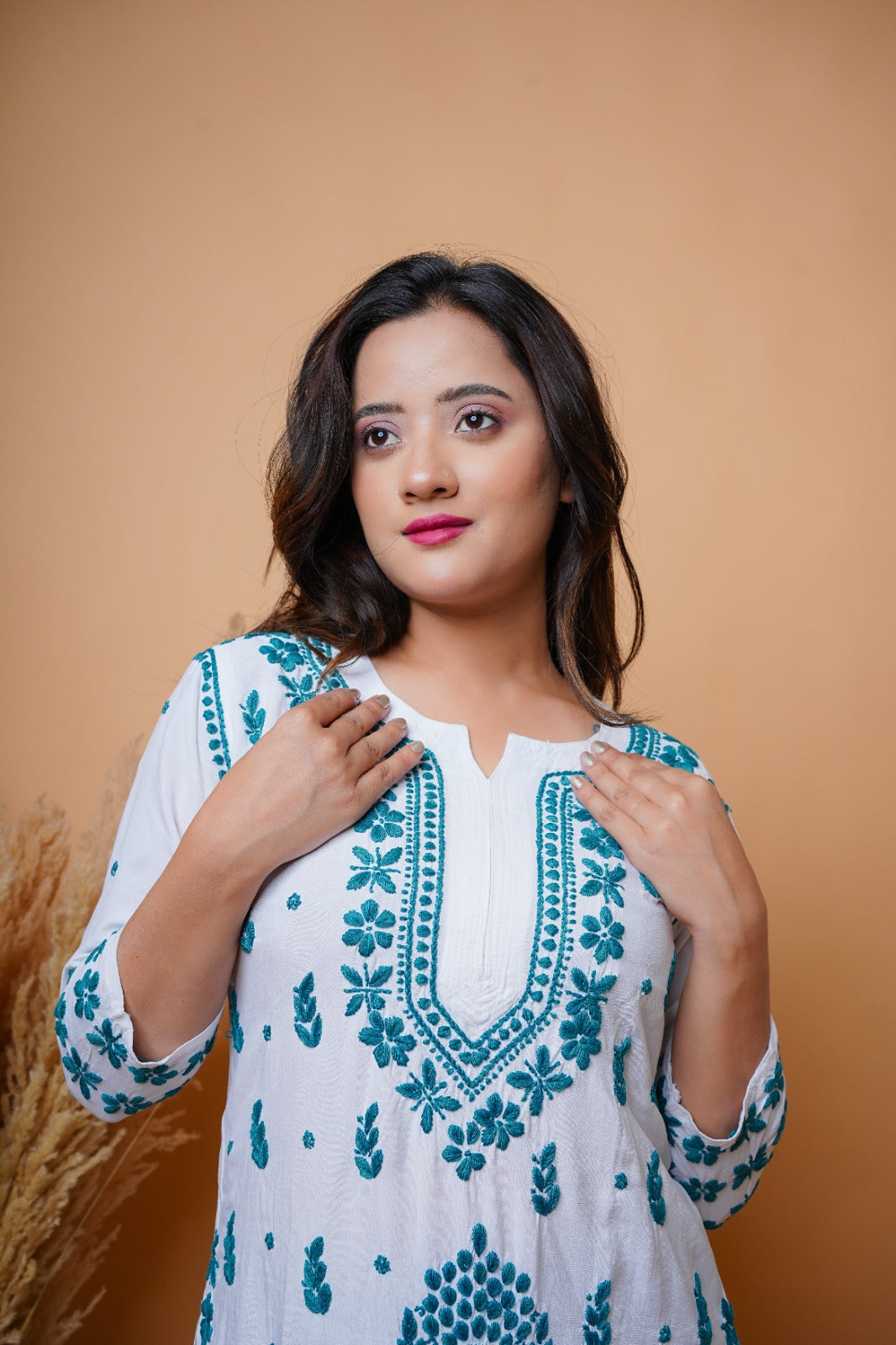 Chikankari hand embroidered | Long Kurta | Rayon | White & Green