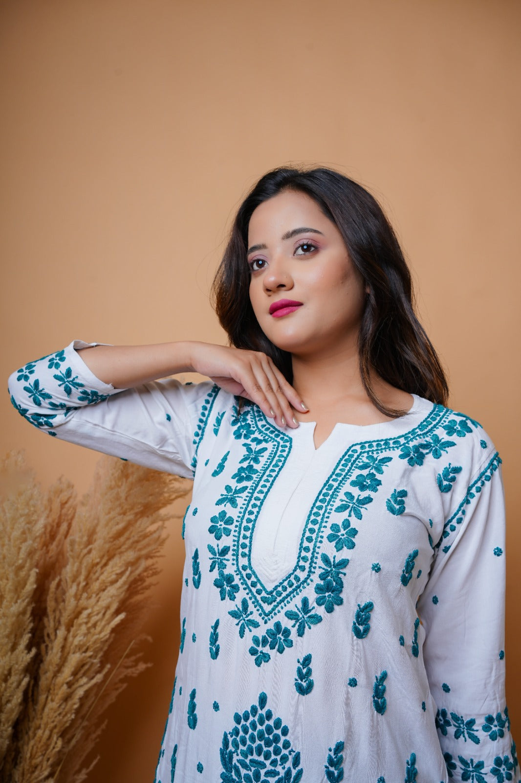 Chikankari hand embroidered | Long Kurta | Rayon | White & Green