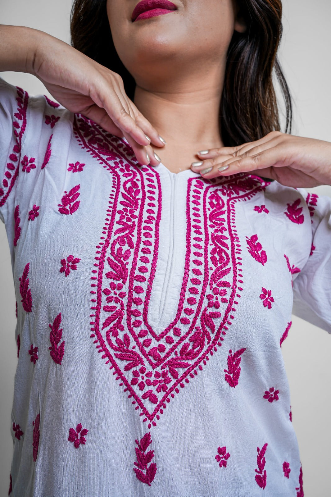 Chikankari hand embroidered | Long Kurta | Rayon | White & Pink