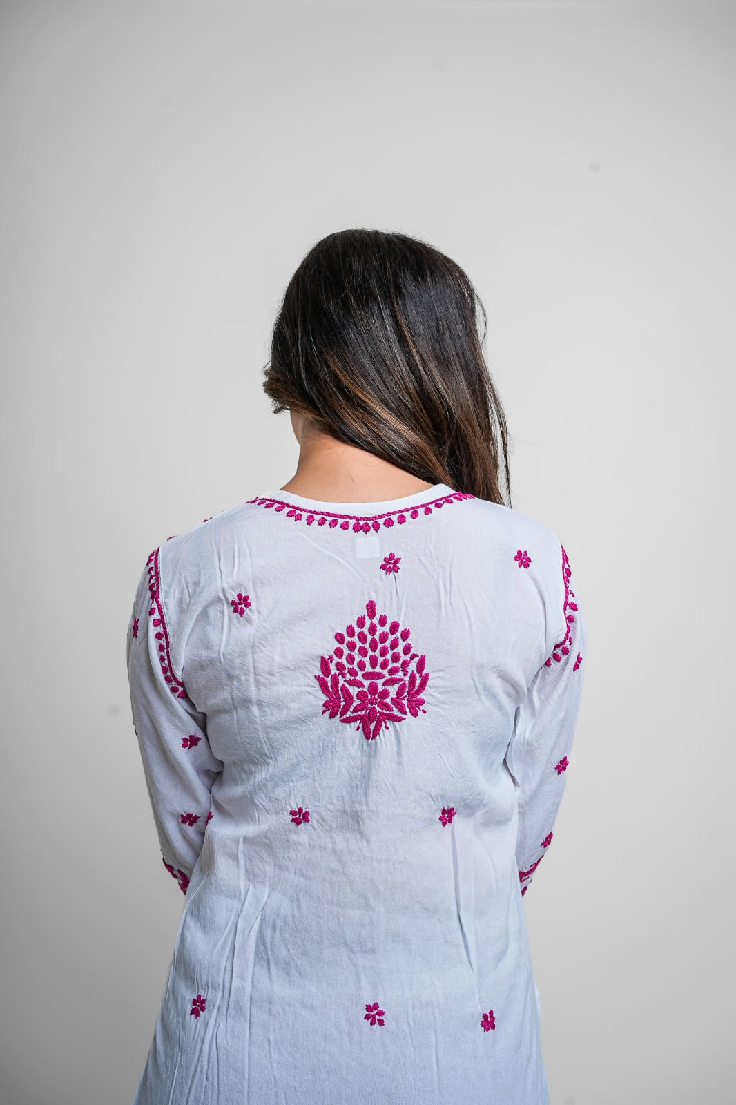 Chikankari hand embroidered | Long Kurta | Rayon | White & Pink