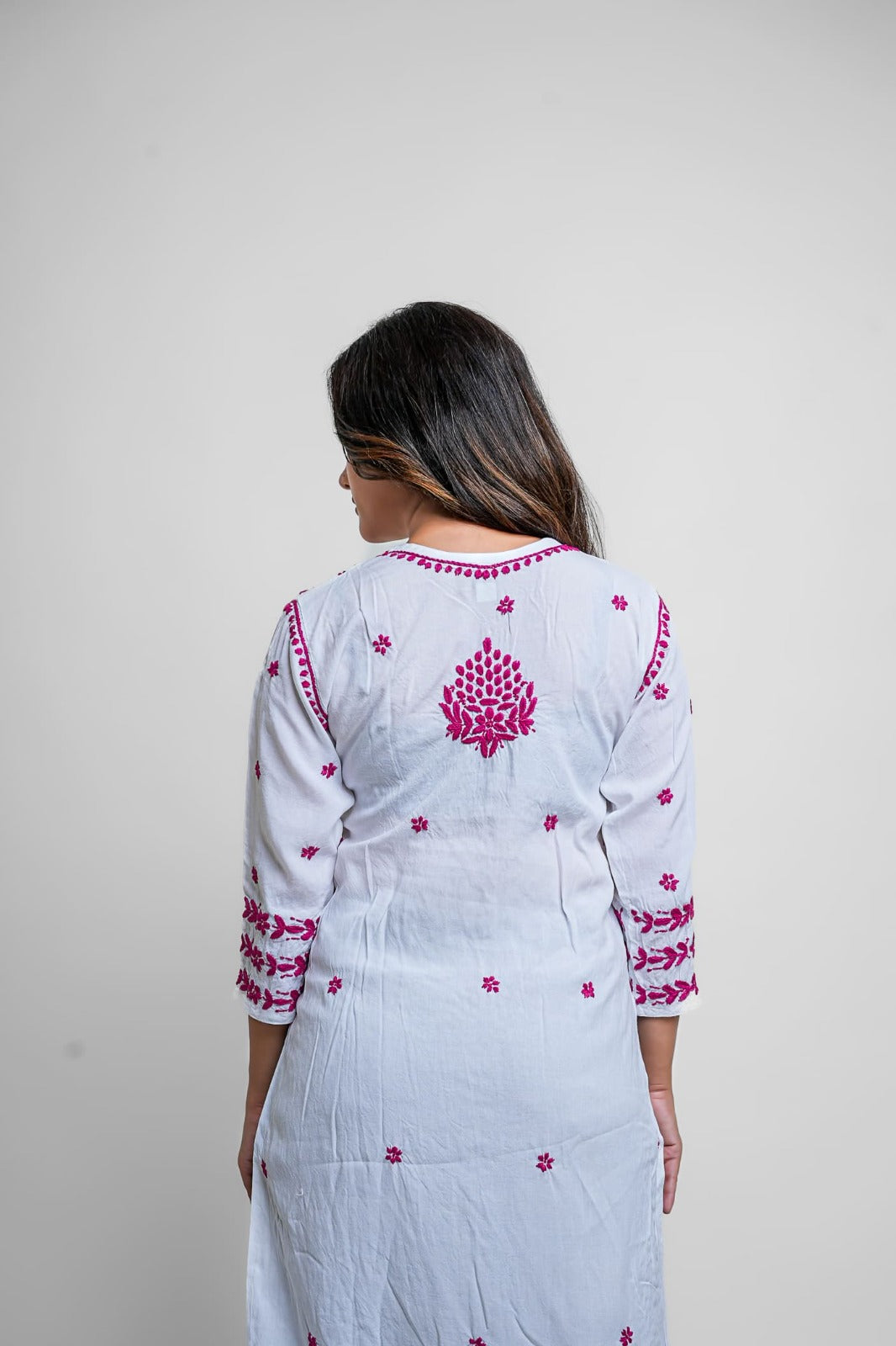 Chikankari hand embroidered | Long Kurta | Rayon | White & Pink