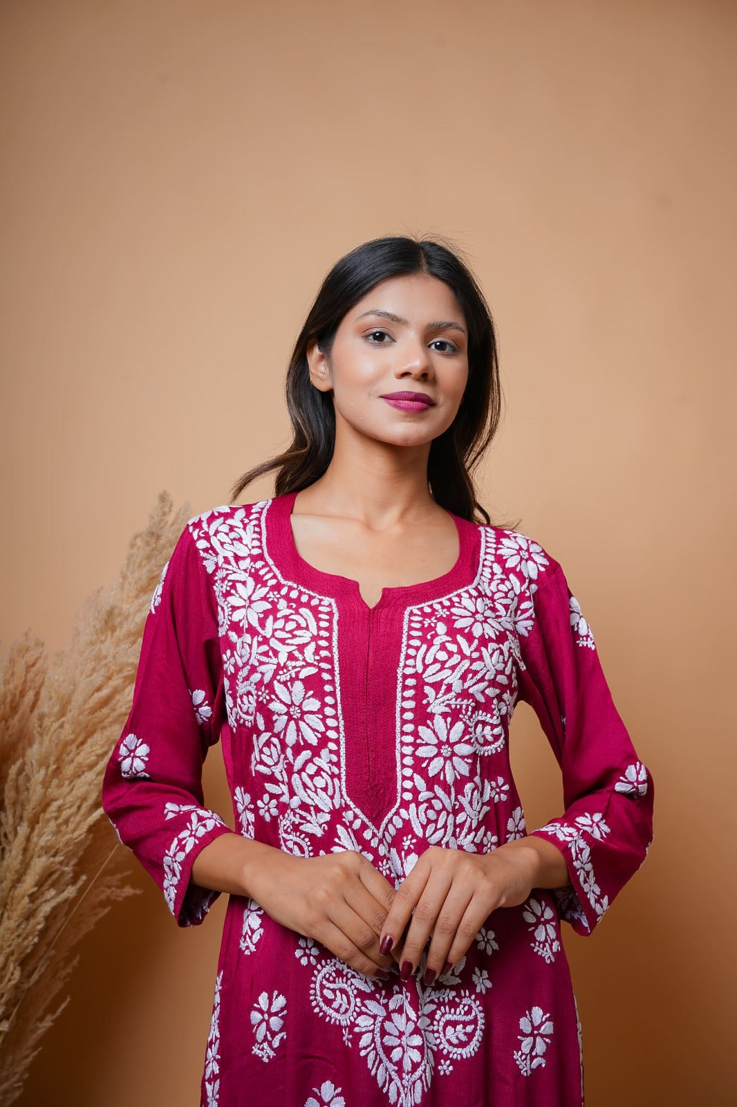 Chikankari hand embroidered | Long Kurta | Mudal | Maroon