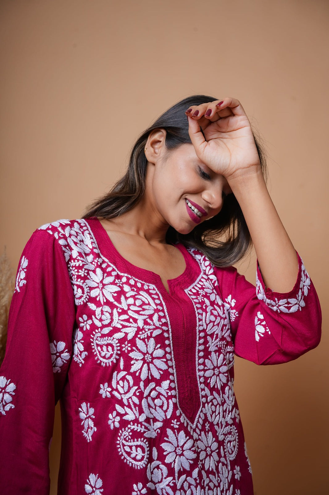 Chikankari hand embroidered | Long Kurta | Mudal | Maroon