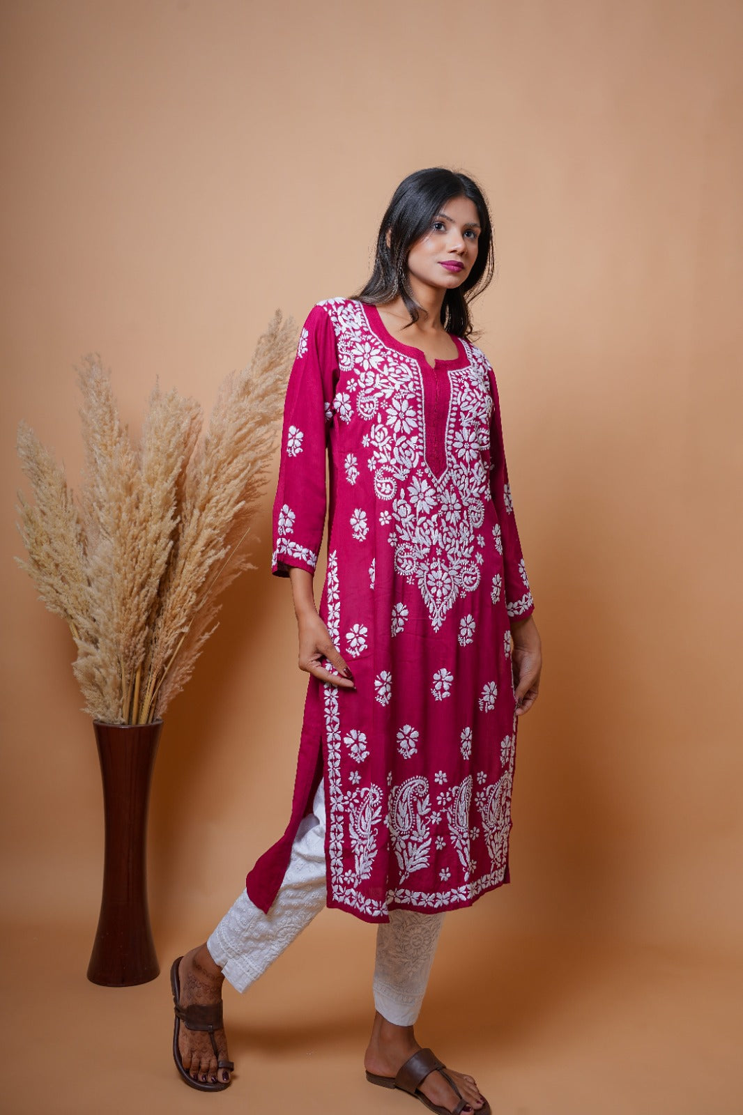 Chikankari hand embroidered | Long Kurta | Mudal | Maroon