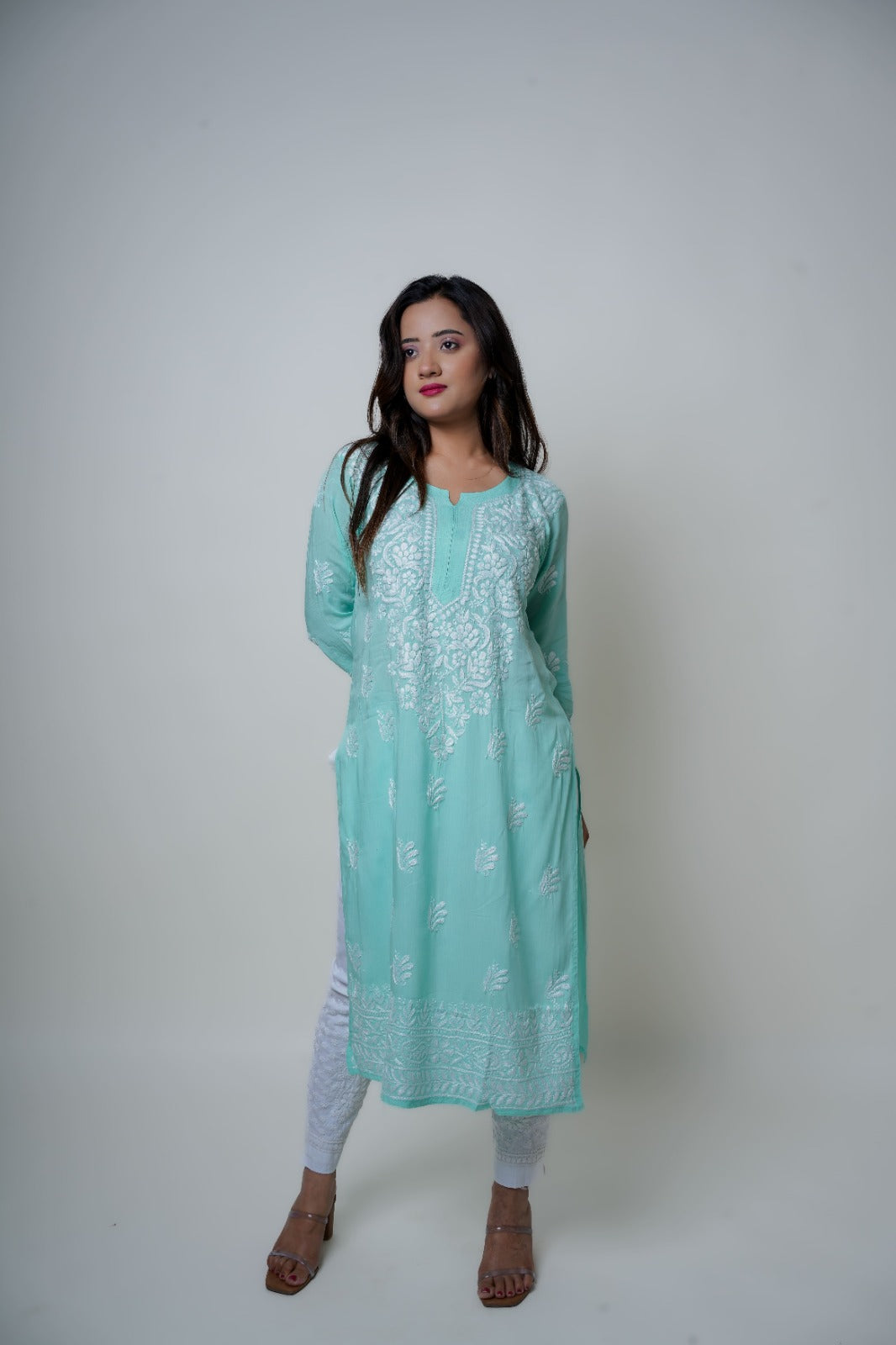 Chikankari hand embroidered | Long Kurta | Mudal | Mint Green