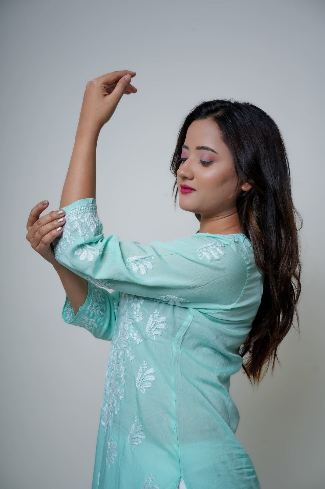 Chikankari hand embroidered | Long Kurta | Mudal | Mint Green