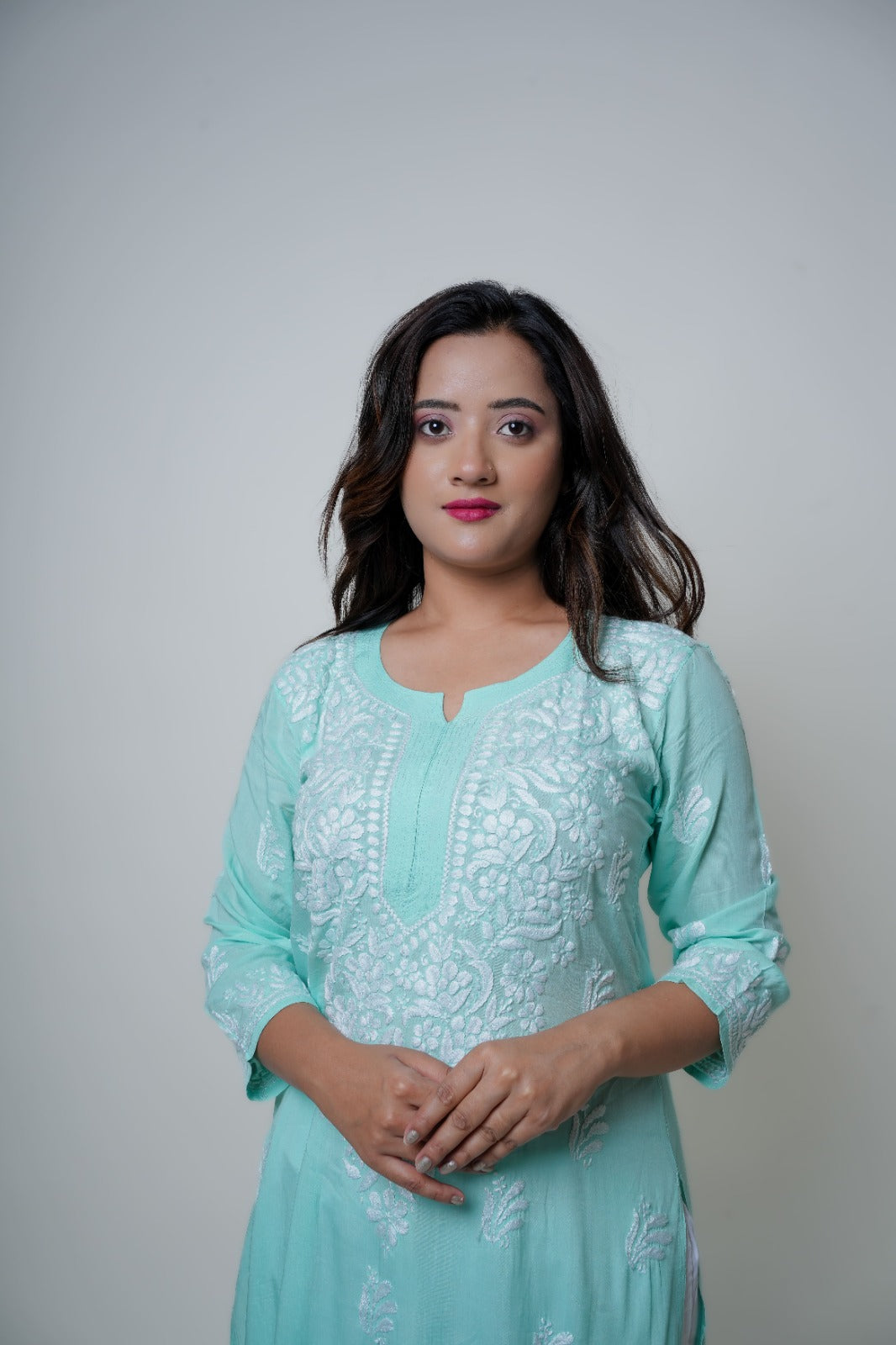 Chikankari hand embroidered | Long Kurta | Mudal | Mint Green