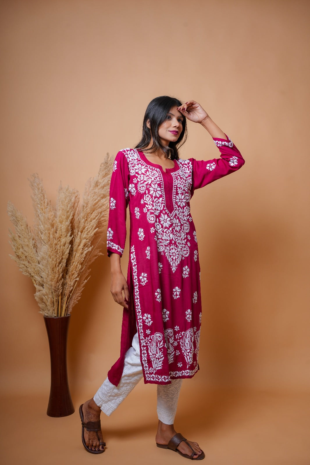 Chikankari hand embroidered | Long Kurta | Mudal | Maroon