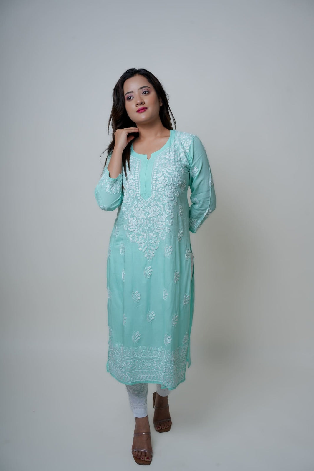 Chikankari hand embroidered | Long Kurta | Mudal | Mint Green