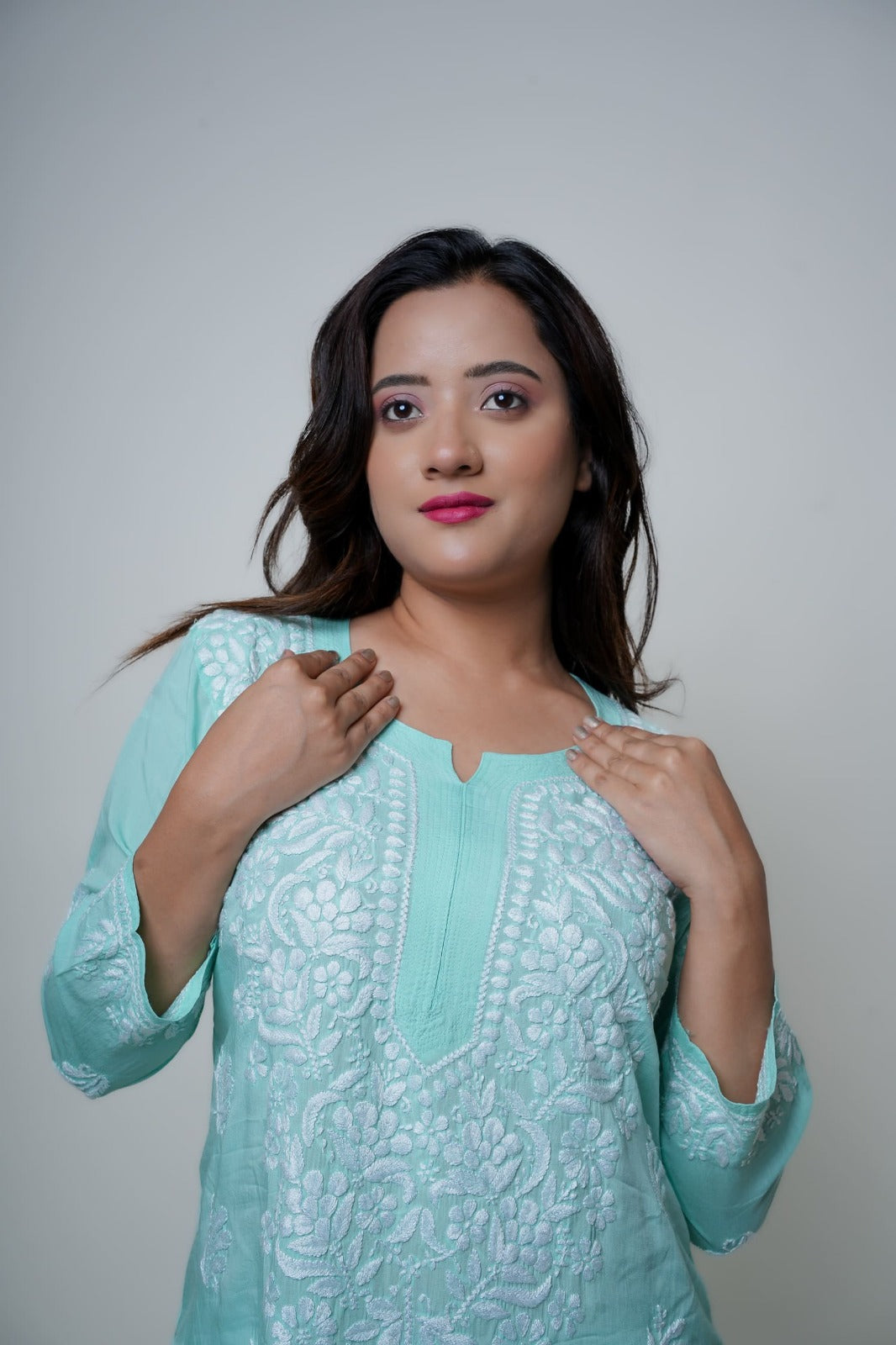 Chikankari hand embroidered | Long Kurta | Mudal | Mint Green