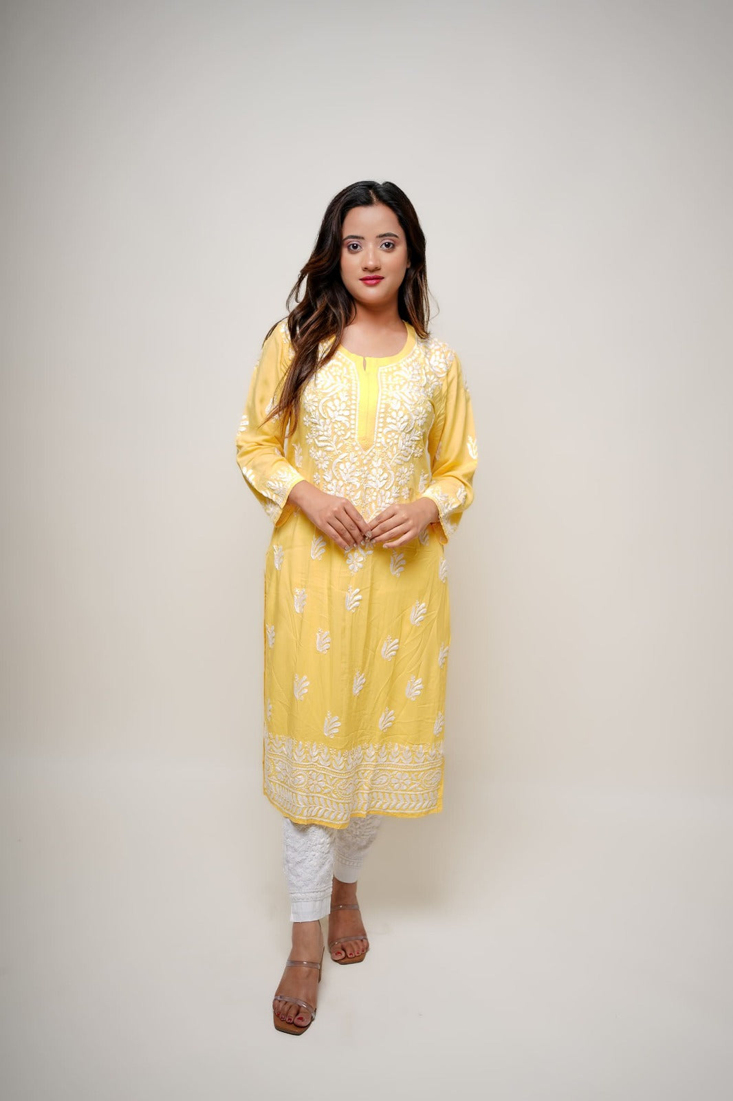 Chikankari hand embroidered | Long Kurta | Mudal | Yellow