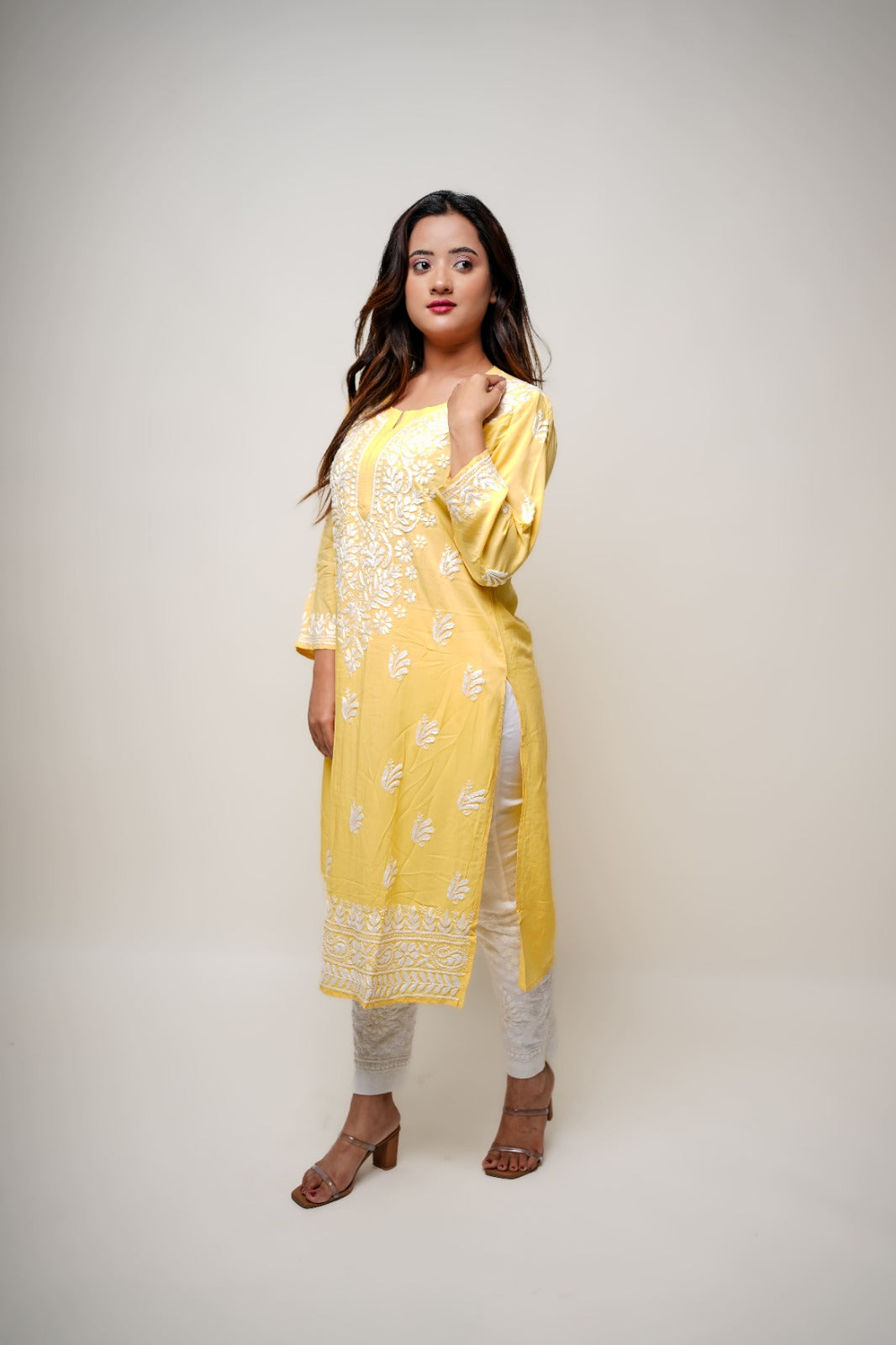 Chikankari hand embroidered | Long Kurta | Mudal | Yellow