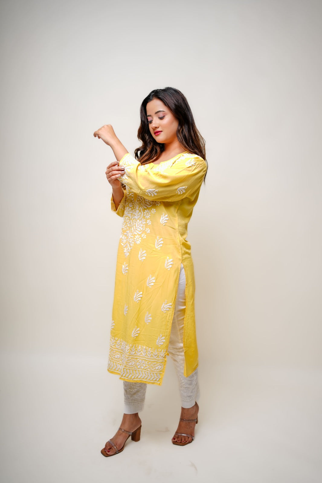 Chikankari hand embroidered | Long Kurta | Mudal | Yellow