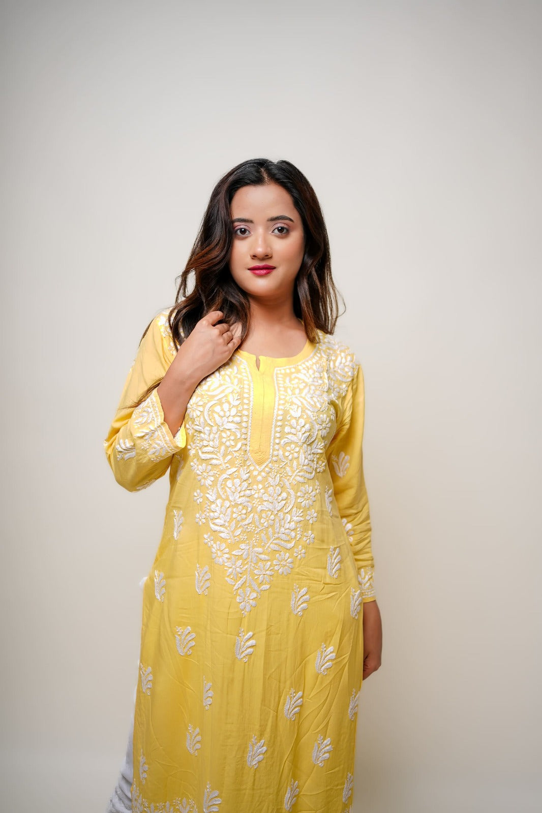 Chikankari hand embroidered | Long Kurta | Mudal | Yellow