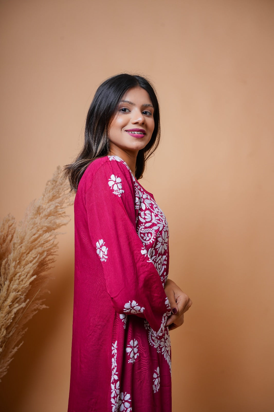 Chikankari hand embroidered | Long Kurta | Mudal | Maroon