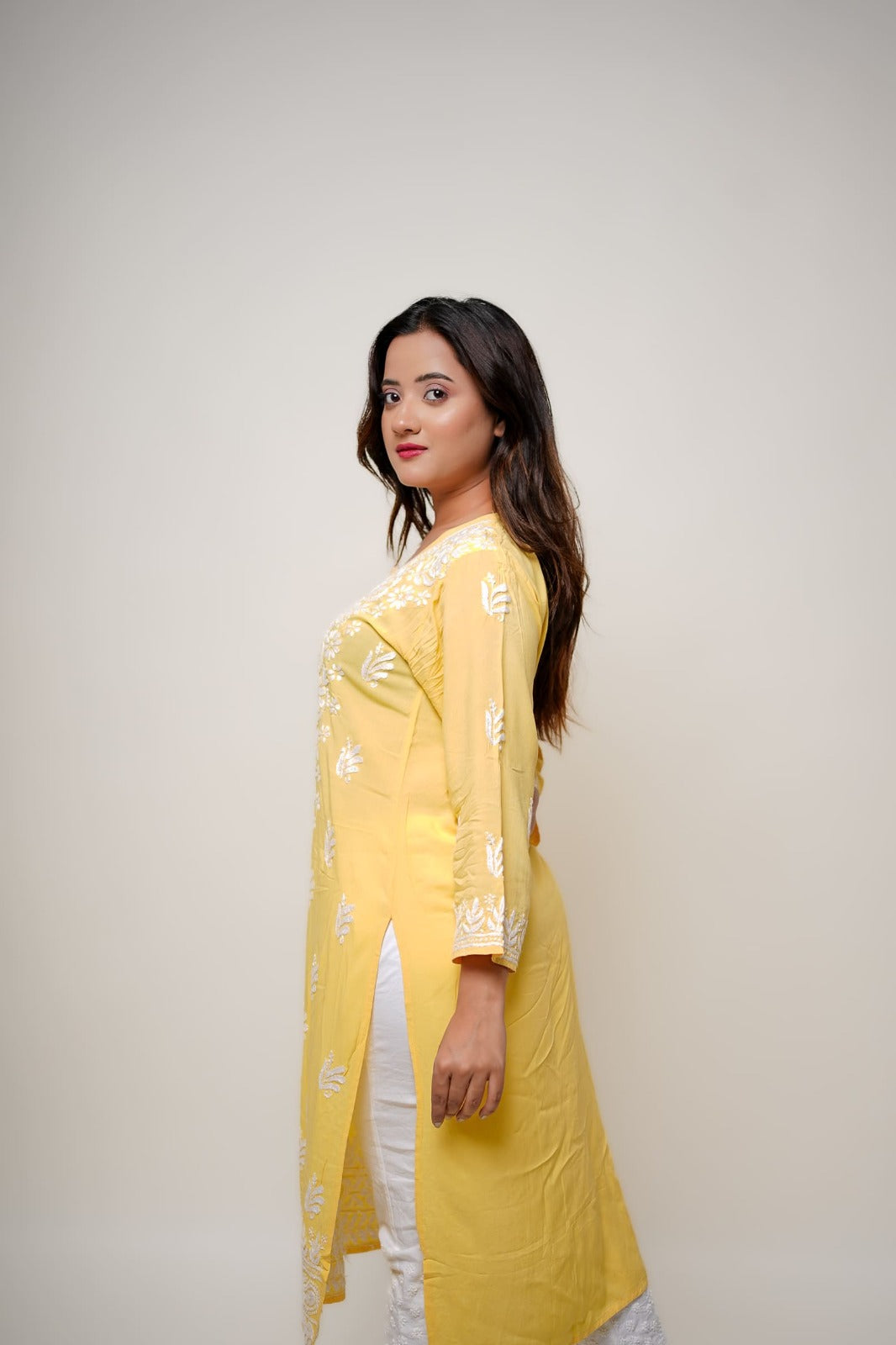Chikankari hand embroidered | Long Kurta | Mudal | Yellow