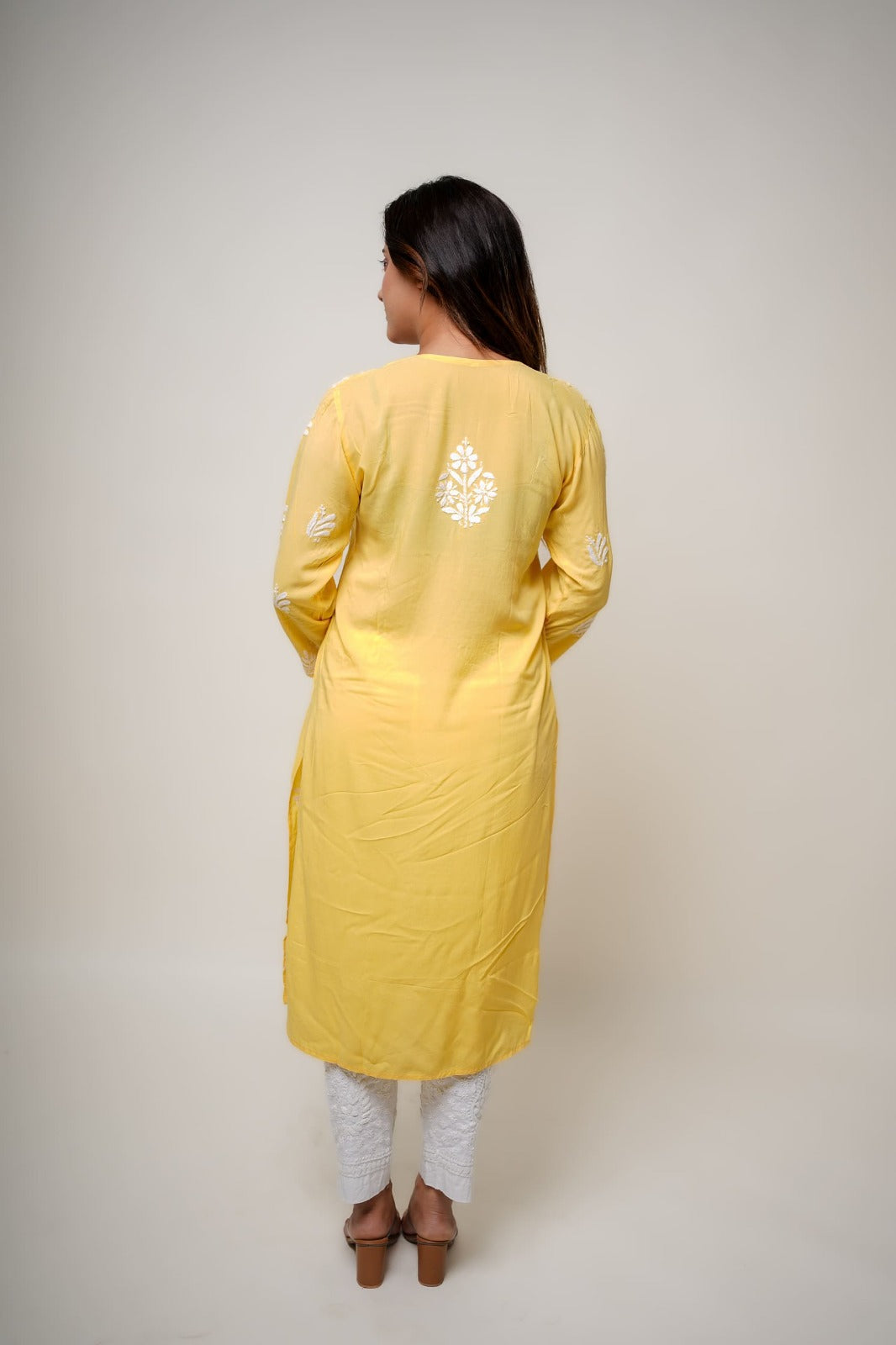 Chikankari hand embroidered | Long Kurta | Mudal | Yellow