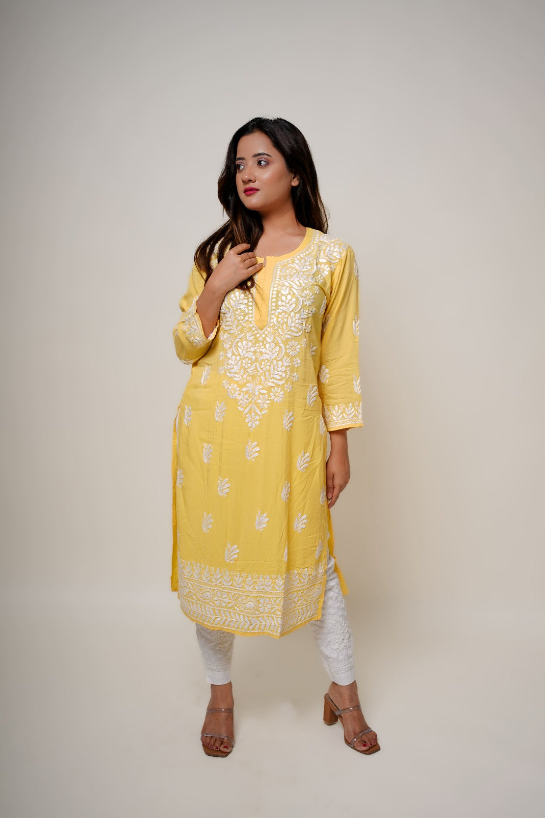 Chikankari hand embroidered | Long Kurta | Mudal | Yellow
