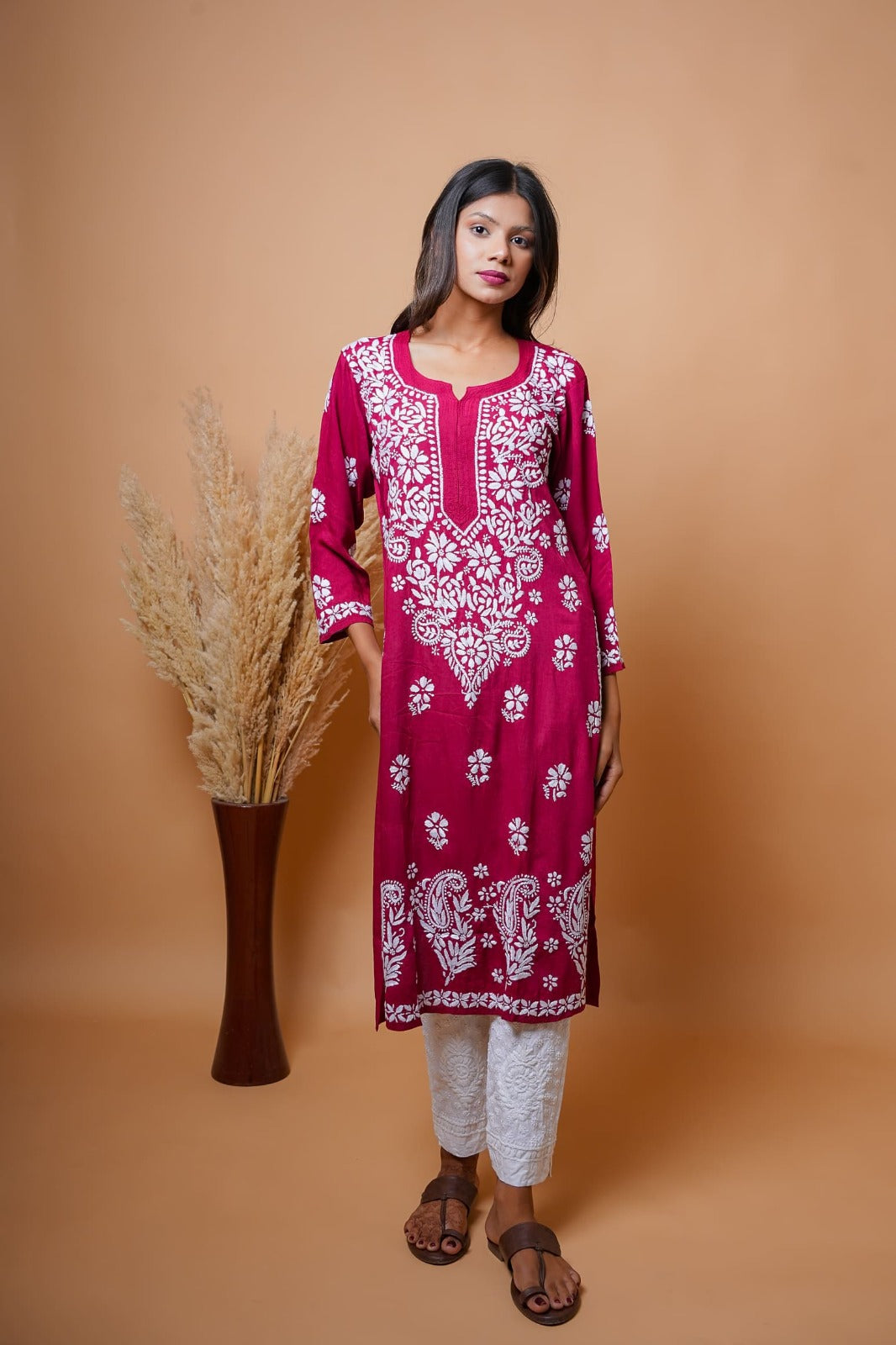 Chikankari hand embroidered | Long Kurta | Mudal | Maroon
