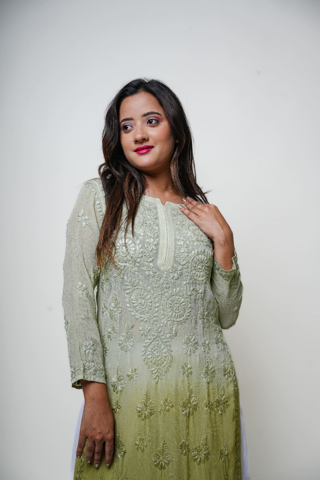Chikankari hand embroidered | Long Kurta | Viscose | Olive