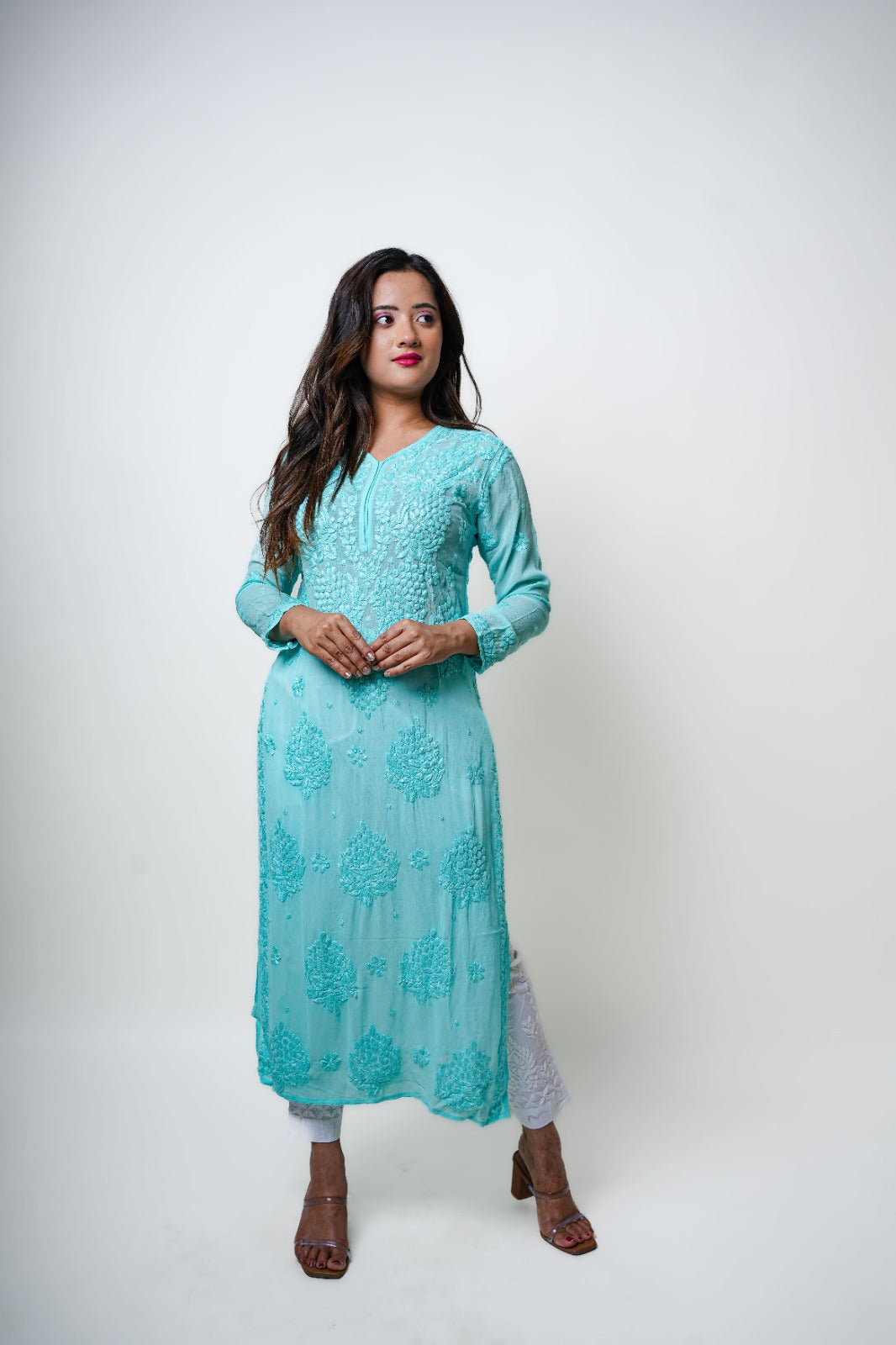 Chikankari hand embroidered | Long Kurta | Viscose | Sea green