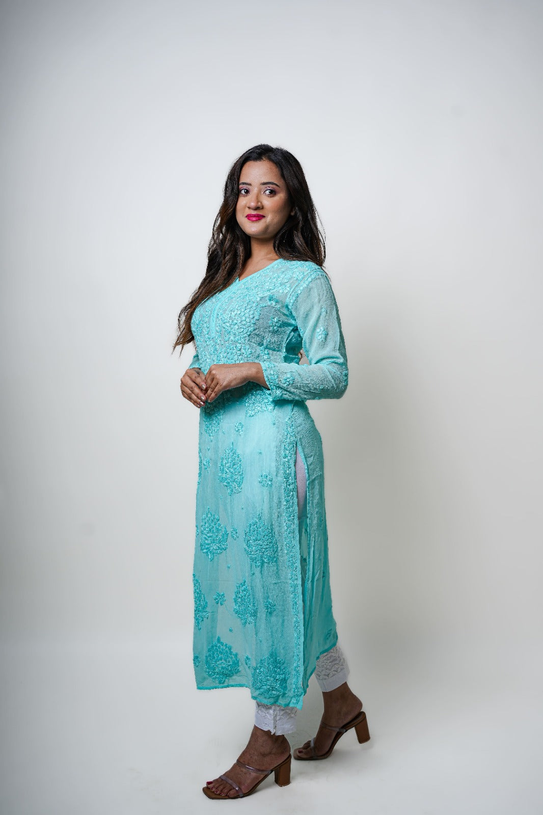 Chikankari hand embroidered | Long Kurta | Viscose | Sea green