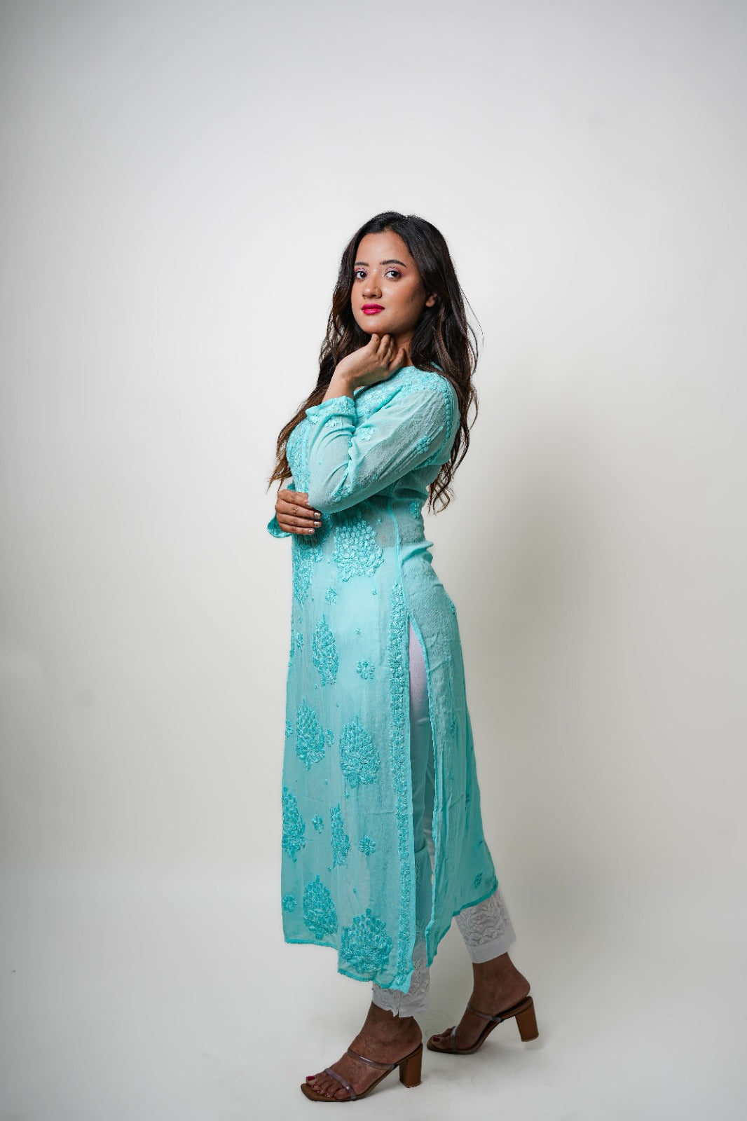 Chikankari hand embroidered | Long Kurta | Viscose | Sea green