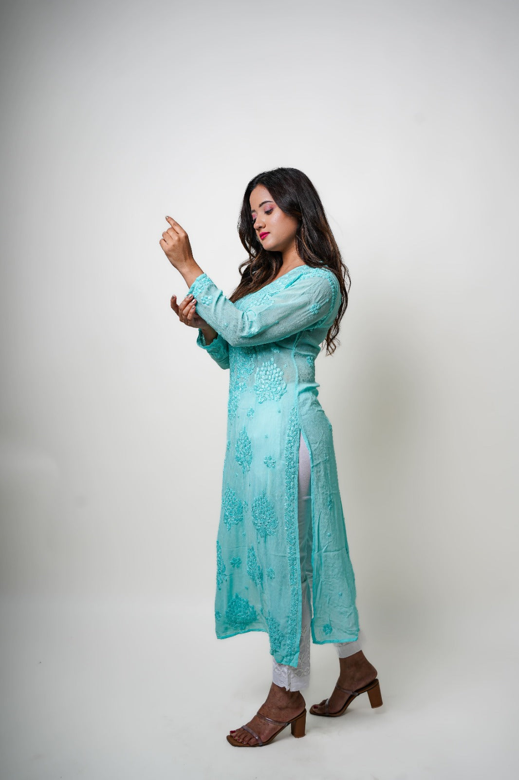 Chikankari hand embroidered | Long Kurta | Viscose | Sea green
