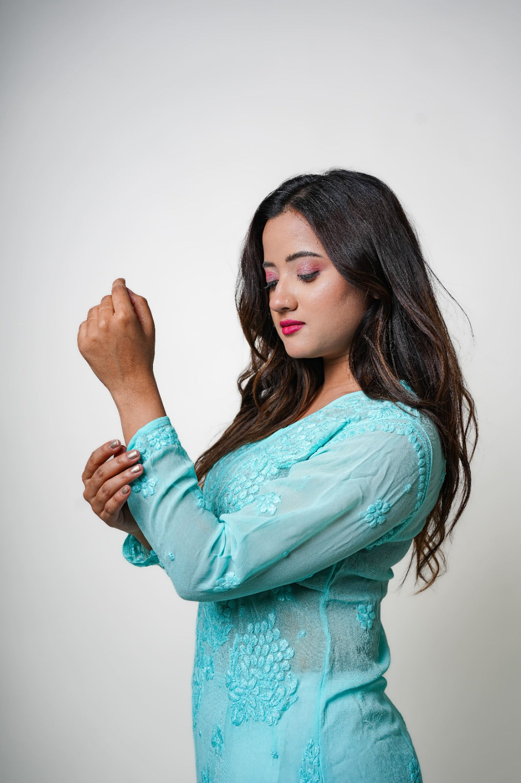 Chikankari hand embroidered | Long Kurta | Viscose | Sea green