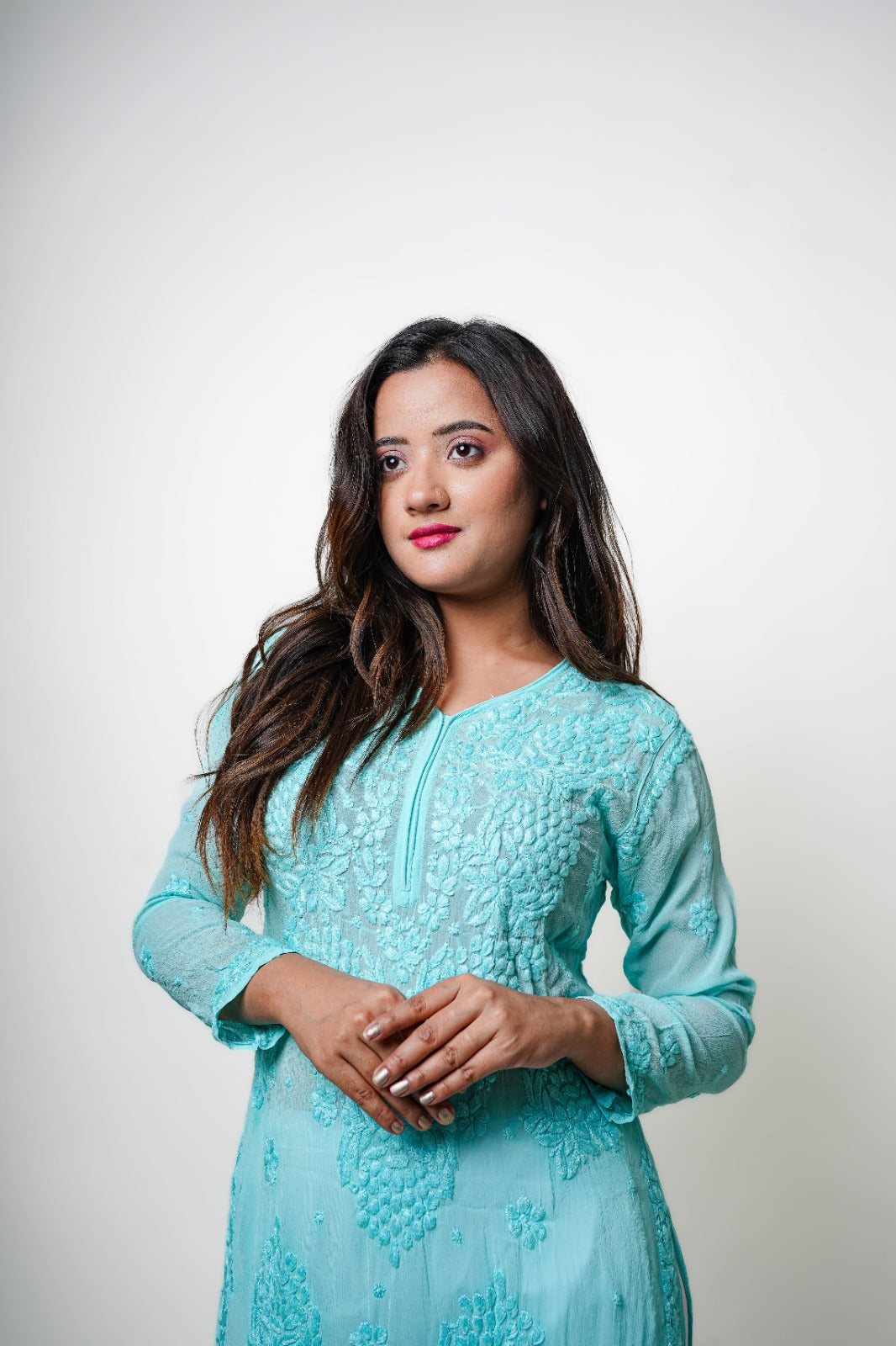 Chikankari hand embroidered | Long Kurta | Viscose | Sea green