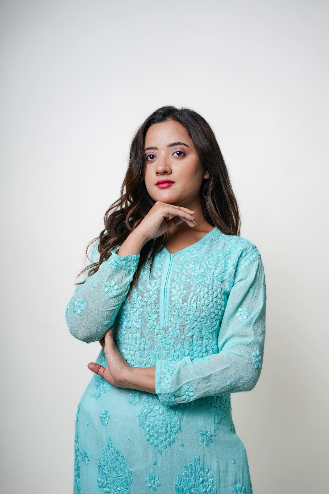 Chikankari hand embroidered | Long Kurta | Viscose | Sea green