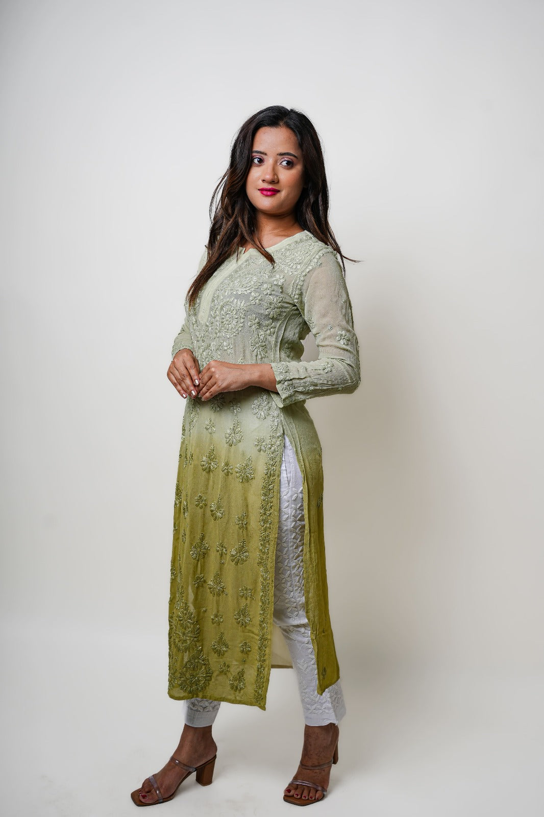 Chikankari hand embroidered | Long Kurta | Viscose | Olive