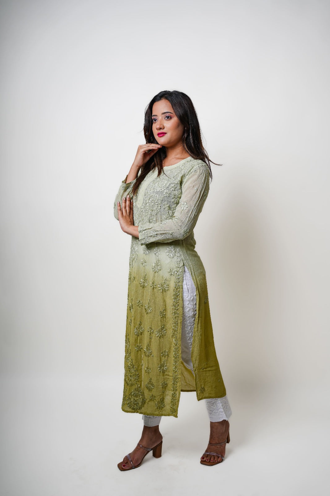 Chikankari hand embroidered | Long Kurta | Viscose | Olive
