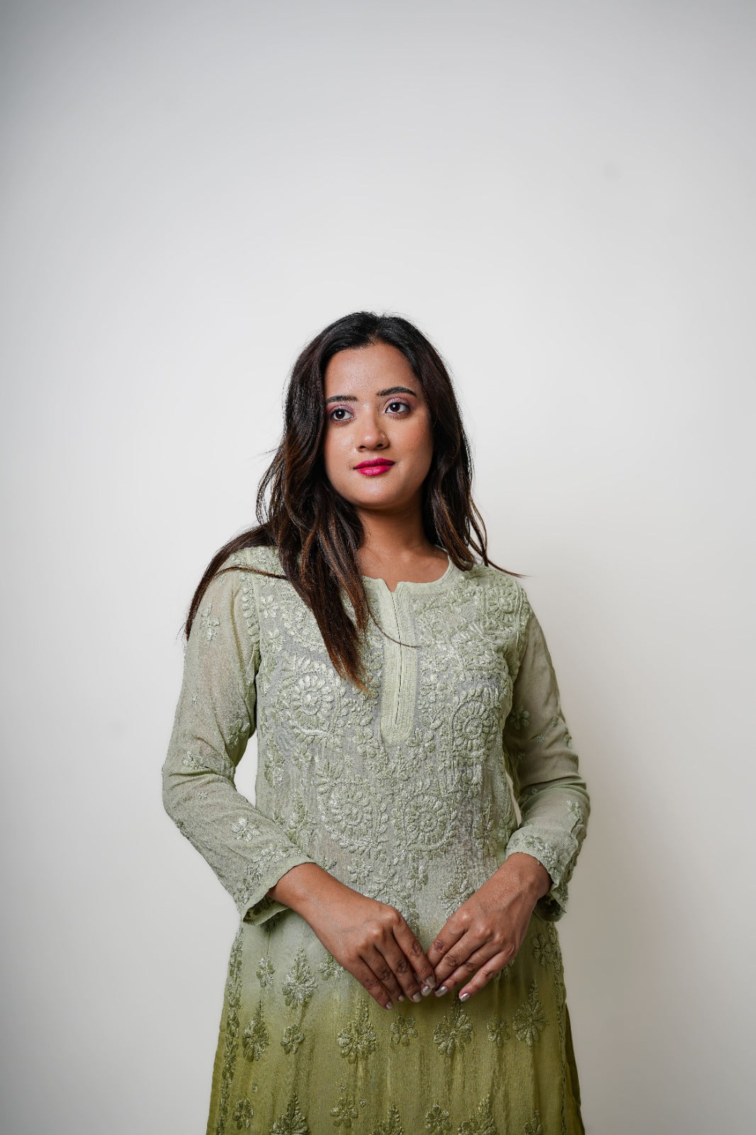 Chikankari hand embroidered | Long Kurta | Viscose | Olive