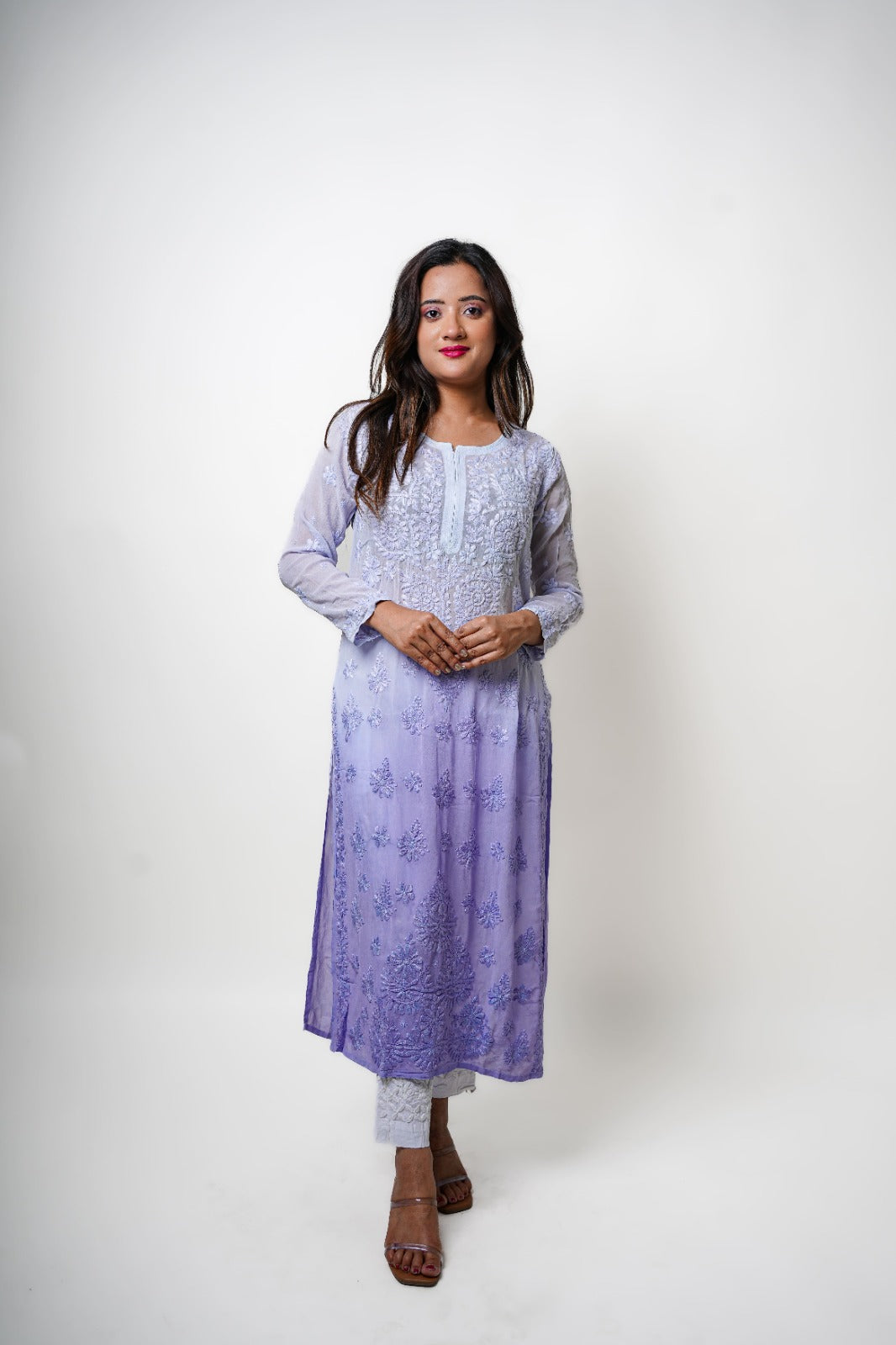 Chikankari hand embroidered | Long Kurta | Viscose | Lilac