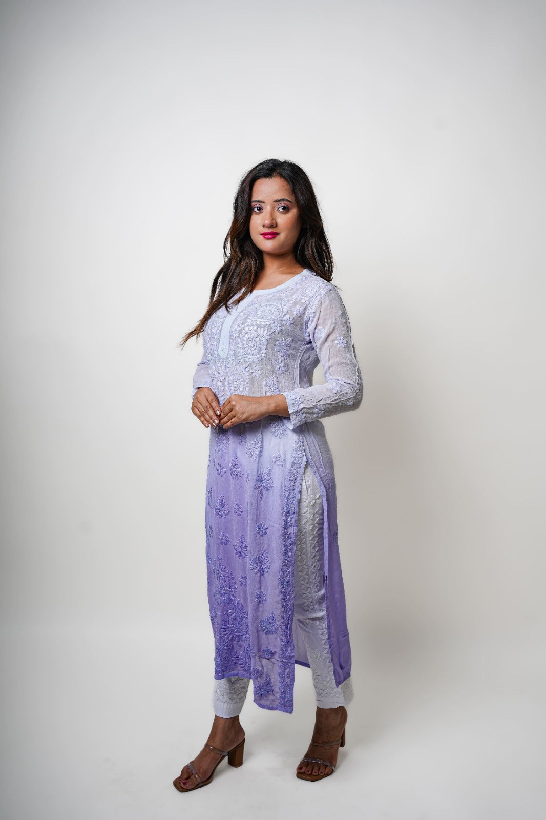 Chikankari hand embroidered | Long Kurta | Viscose | Lilac