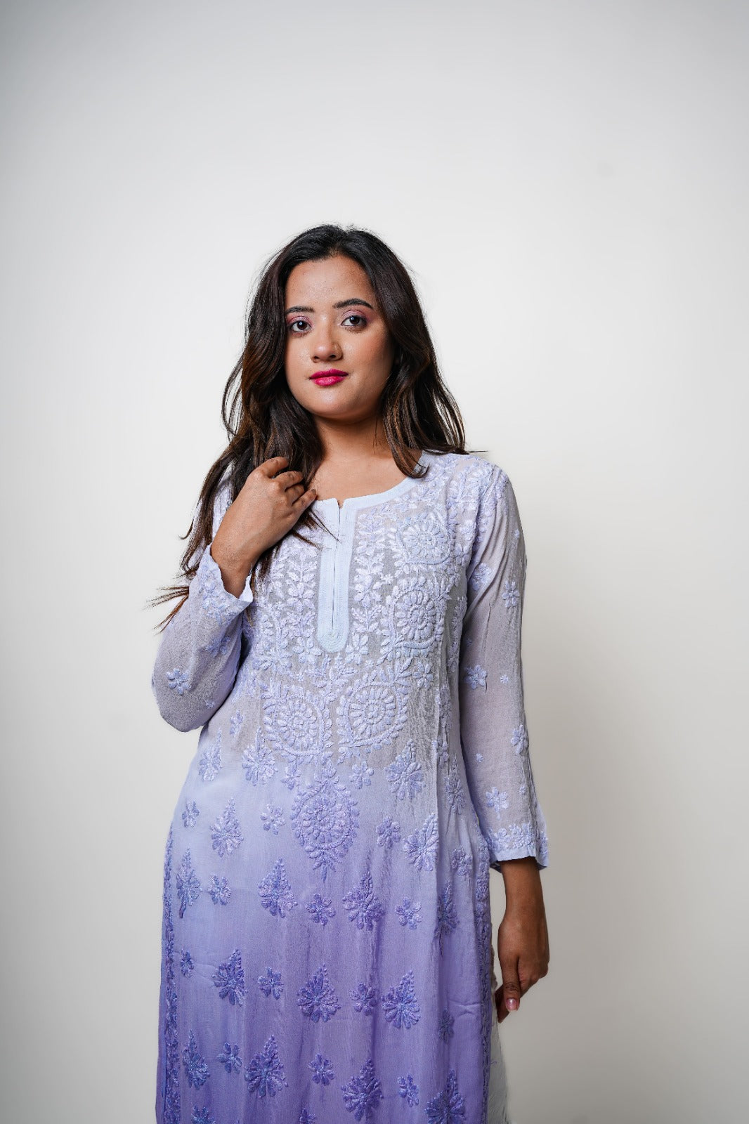 Chikankari hand embroidered | Long Kurta | Viscose | Lilac