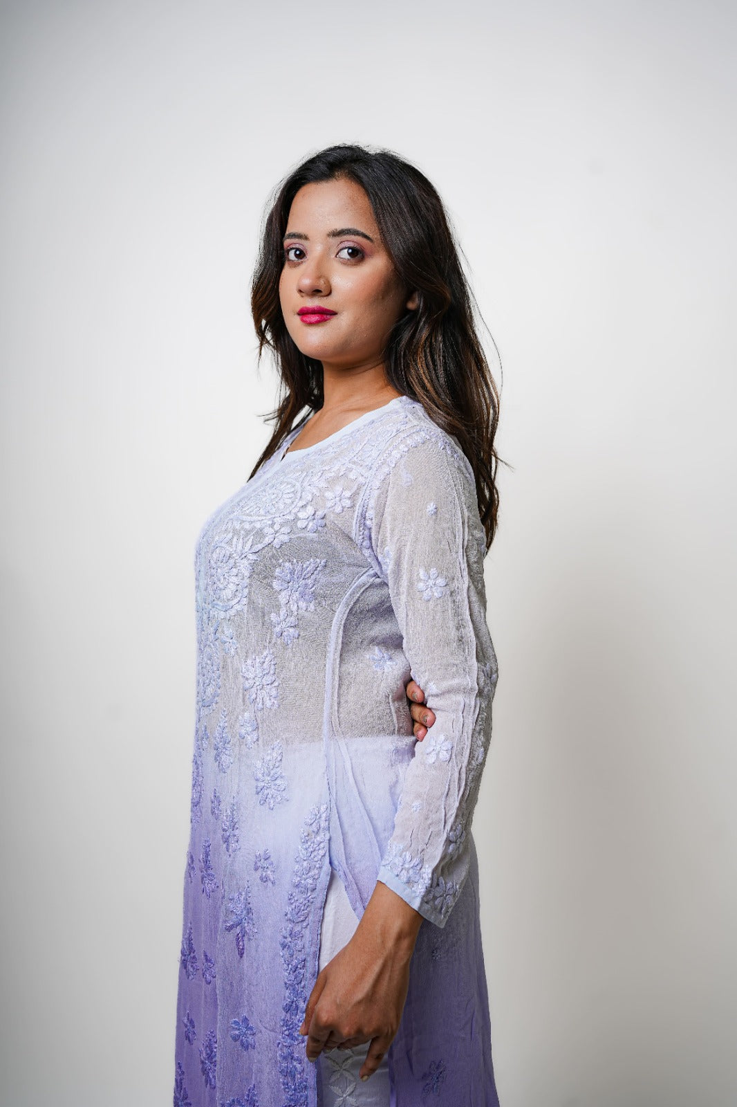 Chikankari hand embroidered | Long Kurta | Viscose | Lilac