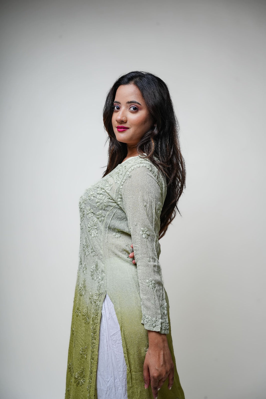 Chikankari hand embroidered | Long Kurta | Viscose | Olive
