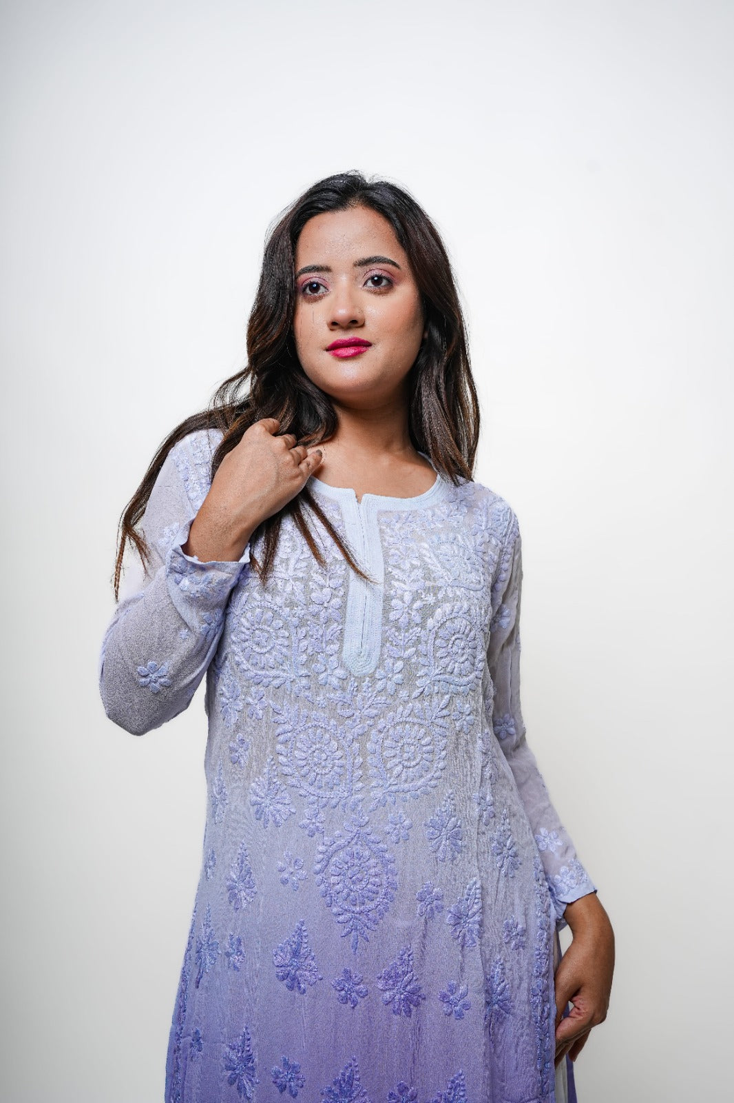 Chikankari hand embroidered | Long Kurta | Viscose | Lilac