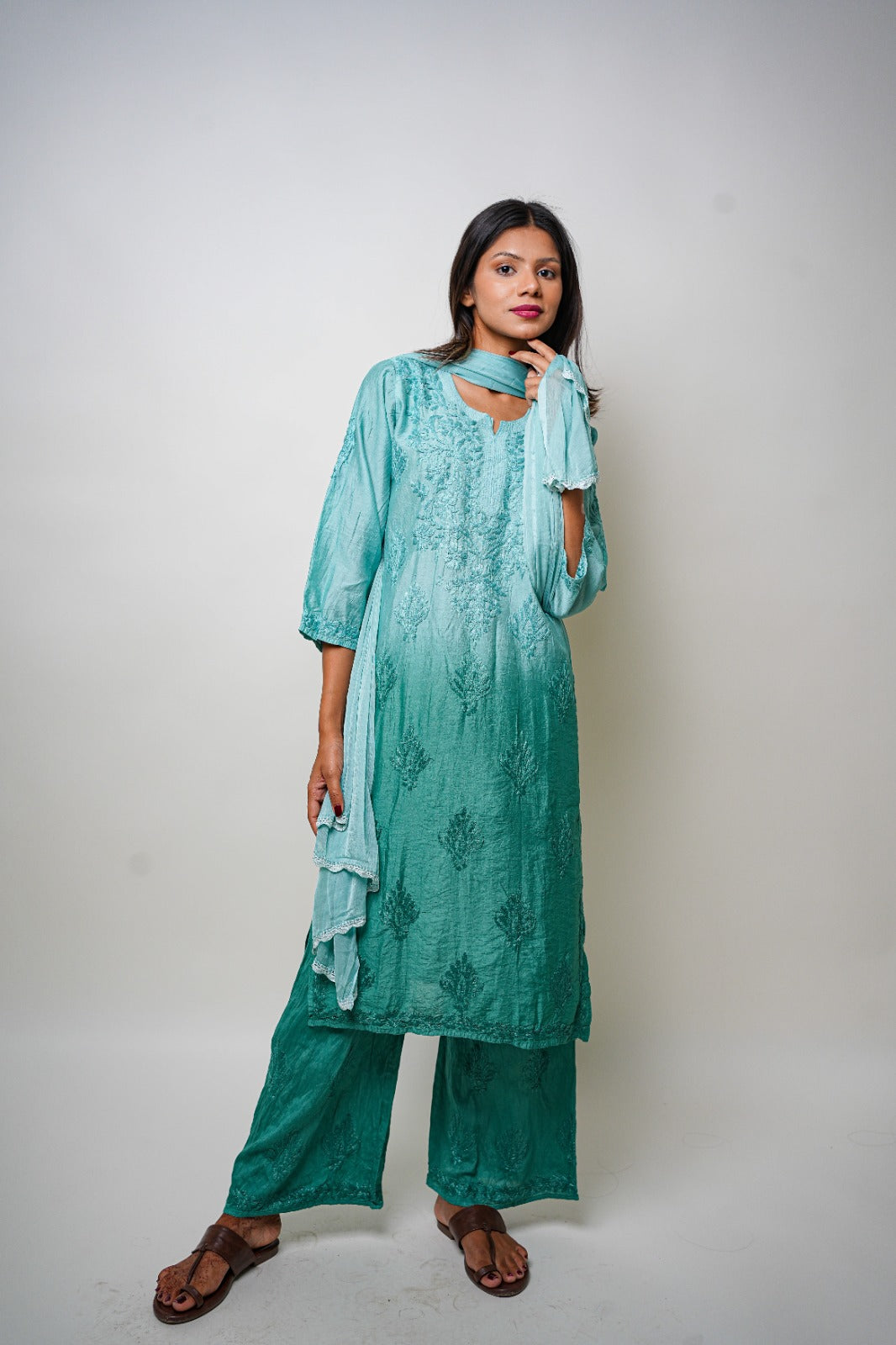 Chikankari hand embroidered | Suit Set| Chanderi | Teal Green