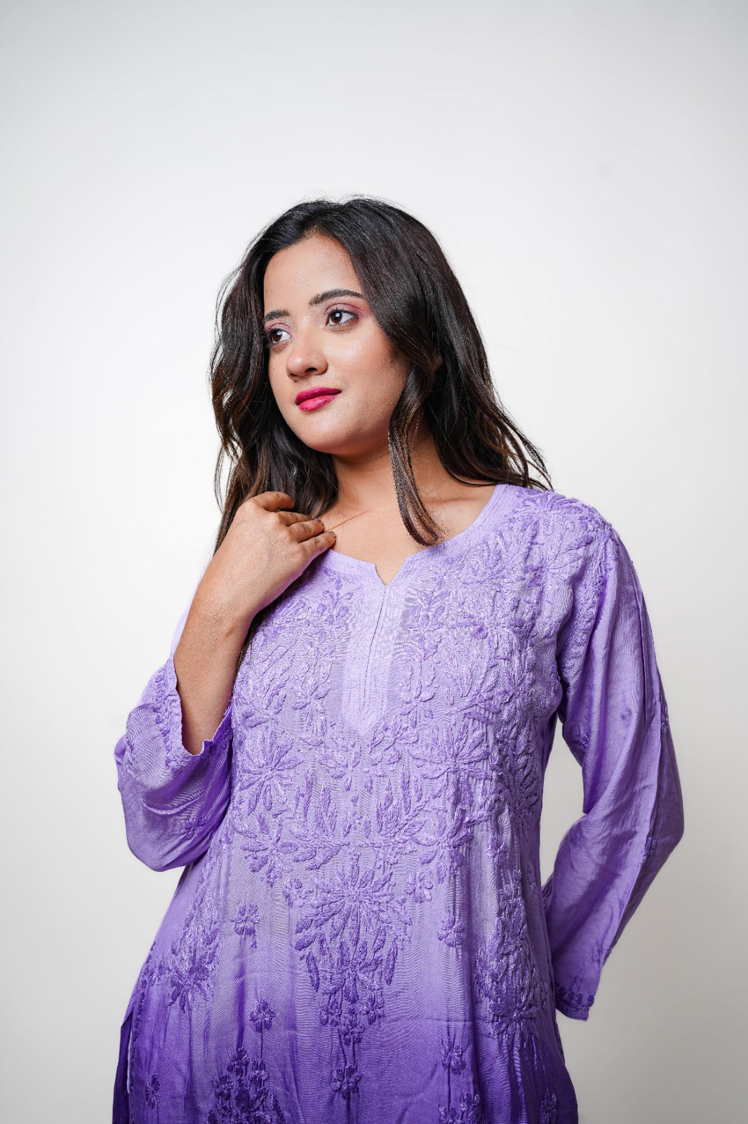 Chikankari hand embroidered | Long Kurta | Muslin Cotton | Lavander