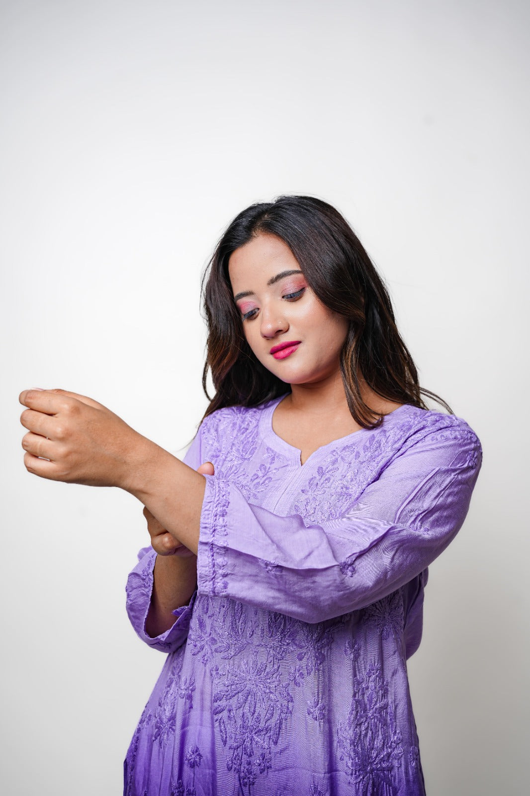 Chikankari hand embroidered | Long Kurta | Muslin Cotton | Lavander
