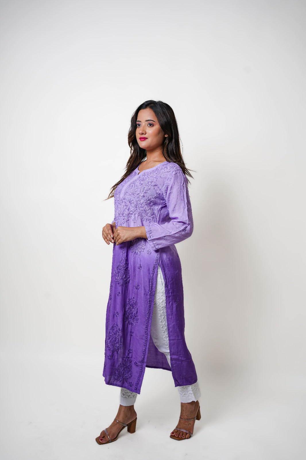 Chikankari hand embroidered | Long Kurta | Muslin Cotton | Lavander